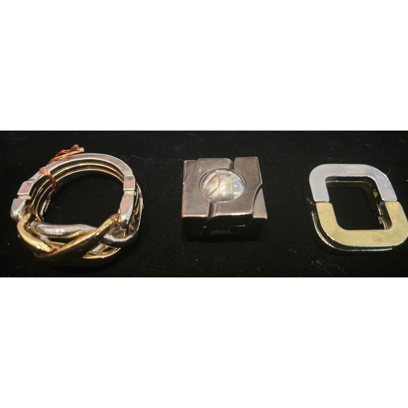 Trio of Metal Brain Teasers - Hanayama Cast Marble, 2-Tone Puzzle Ring & Square Challenge
