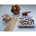 Set of starter / beginner puzzles: Brass Cannon, 6 Piece Burr, Star, Maze, Wooden box