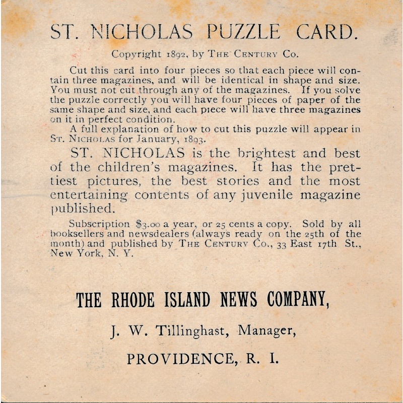 St. Nicholas Puzzle Card, Professor Hoffman Era Puzzle from 1892!